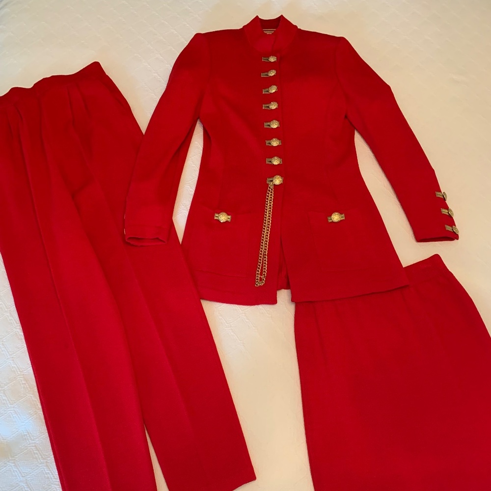 St. John Collection red jacket, skirt and pants set